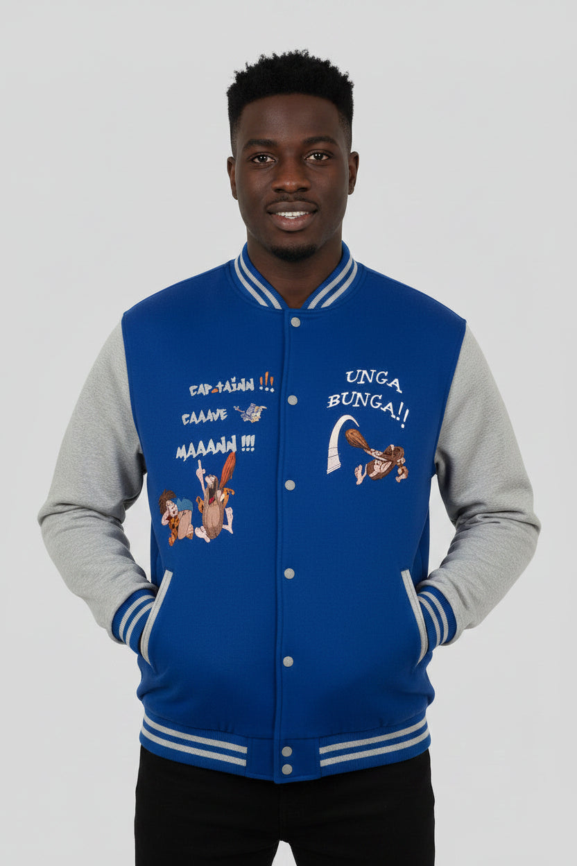 Classic Cartoon Captain CaveMan XL Blue and Gray Baseball Jacket