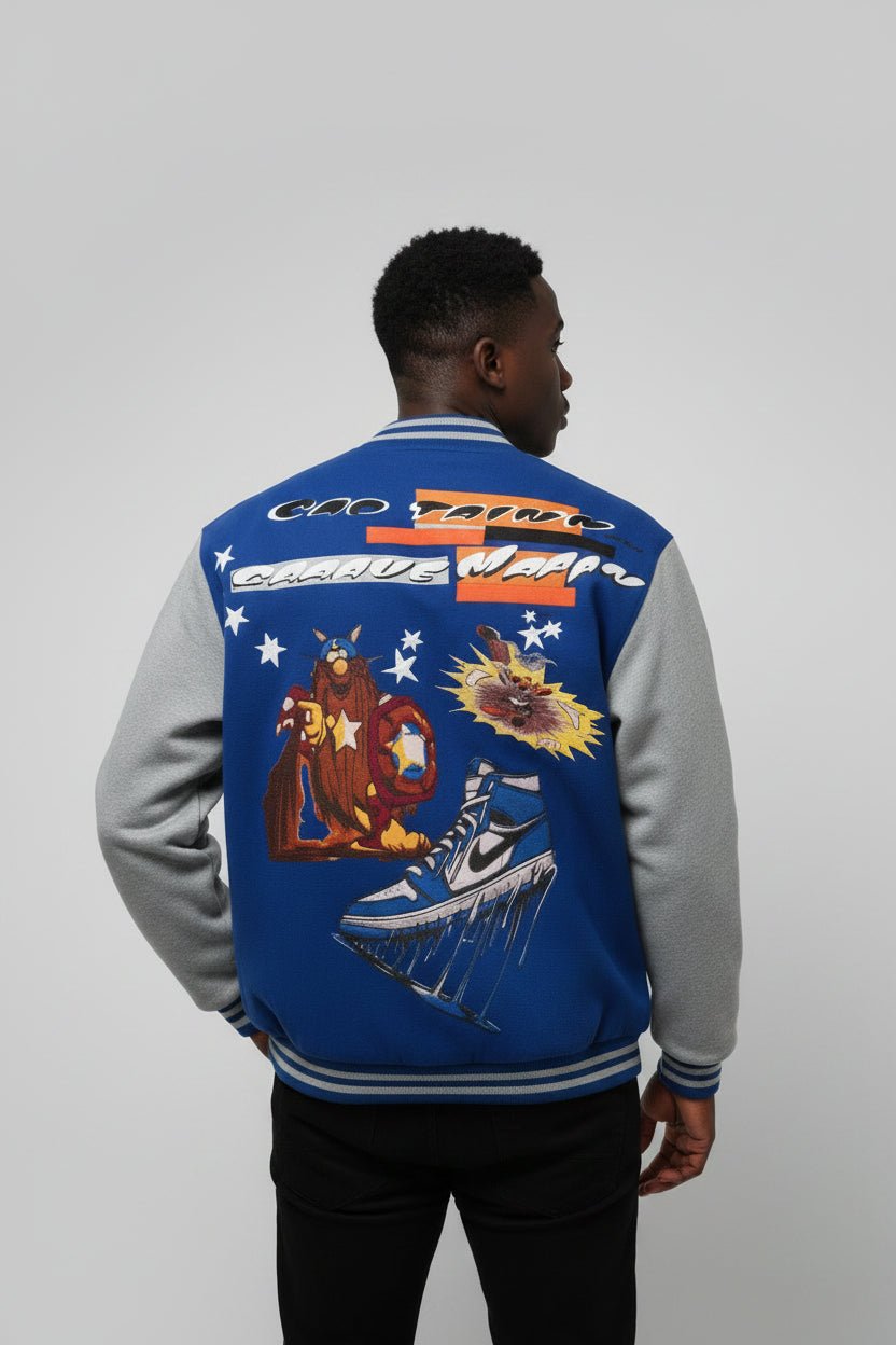Classic Cartoon Captain CaveMan XL Blue and Gray Baseball Jacket